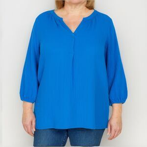 J. Jill Cotton Gauze Popover Top Royal Blue Split Neck 3/4 Sleeve Size XL